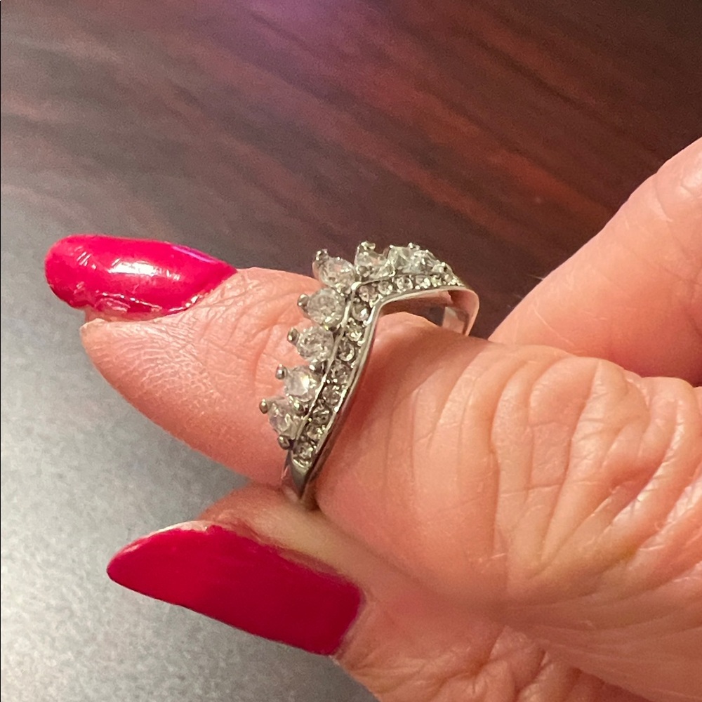 Silver-Tone Crown Crystal Stackable Ring - White